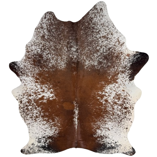Reddish Brown and White Speckled Brazilian Cowhide: white with reddish brown speckles and spots on the back, chocolate speckles on the shoulder, and black speckles and spots on the butt and shanks - 7'6" x 5'5" (BRSP3818)
