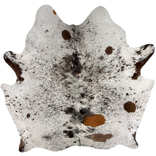 Tricolor Speckled Brazilian Cowhide: white with black and blackish brown speckles and spots, and one large, reddish brown spot - 6'10" x 6'2"  (BRSP3819)