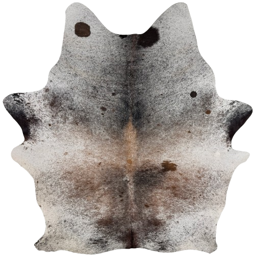 Tricolor Speckled Brazilian Cowhide: white with black and brown speckles and spots, and one brand mark on the right side of the butt - 7'6" x 6'  (BRSP3822)