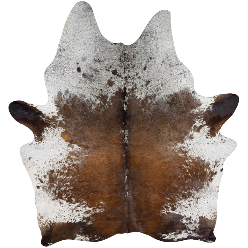 Tricolor Speckled Brazilian Cowhide: has a mix of brown and black, white with brown and black speckles and spots on the belly, shoulder, and butt, and one brand mark on the right side of the butt - 7'4" x 5'9" (BRSP3823)
