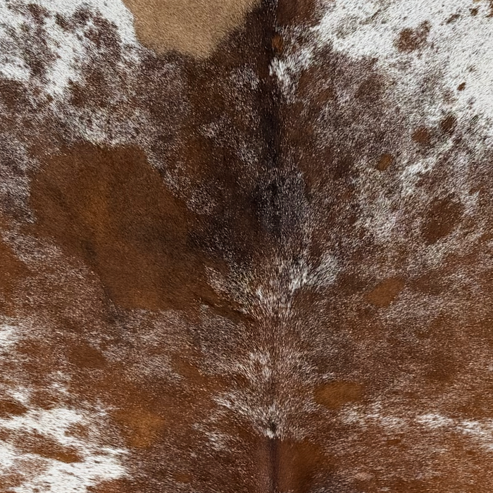 Closeup of this Large Speckled Brazilian Cowhide, showing white with reddish brown speckles and spots (BRSP3824)
