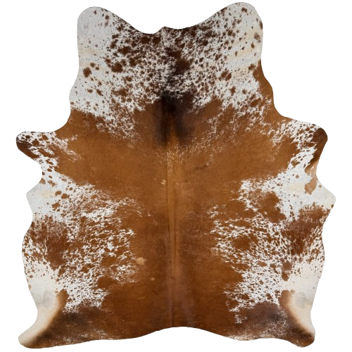 Reddish Brown and White Speckled Brazilian Cowhide: white with reddish brown spots and speckles, mostly solid reddish brown down the middle, and one brand mark on the right side of the butt - 7' x 5'11"(BRSP3825)