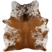 Reddish Brown and White Speckled Brazilian Cowhide: white with reddish brown spots and speckles, mostly solid reddish brown down the middle, and one brand mark on the right side of the butt - 7' x 5'11"(BRSP3825)