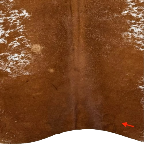Closeup of this Speckled Brazilian Cowhide, showing one brand mark on the right side of the butt (BRSP3825)