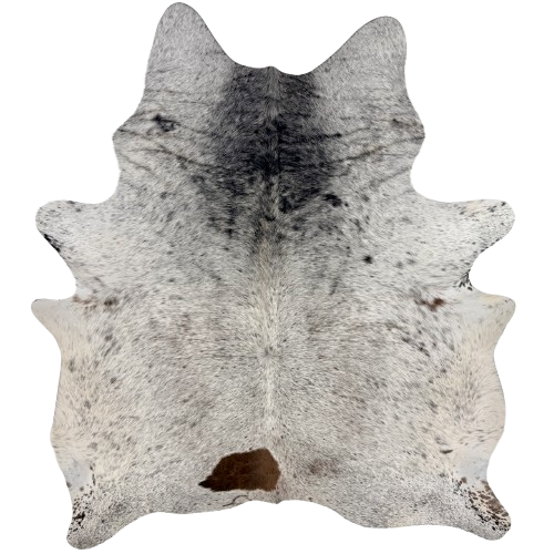 Tricolor Speckled Brazilian Cowhide: white with black and dark brown speckles and spots, and one brand mark on the left side of  the butt - 6'11" x 5'11" (BRSP3826)