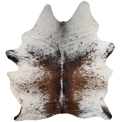 Large Tricolor Speckled Brazilian Cowhide: white with black and brown speckles and spots, a mix of black and brown down both sides of the spine, and one brand mark on the right side of the butt - 7'6" x 5'9" (BRSP3827)