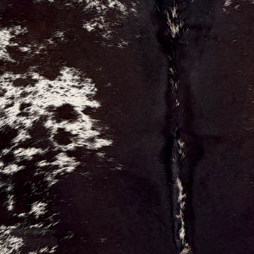Closeup of this Speckled Brazilian Cowhide, showing white with brownish black speckles and spots (BRSP3832)