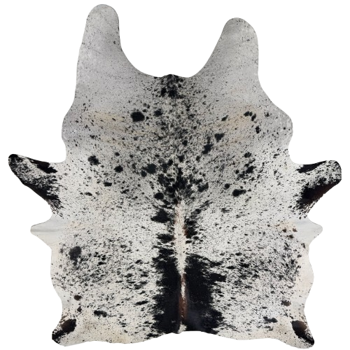 XL Black and White Speckled Brazilian Cowhide: white with black speckles and spots, brown spots down the spine, and a few brown spots on the belly - 8'1" x 5'11" (BRSP3834)