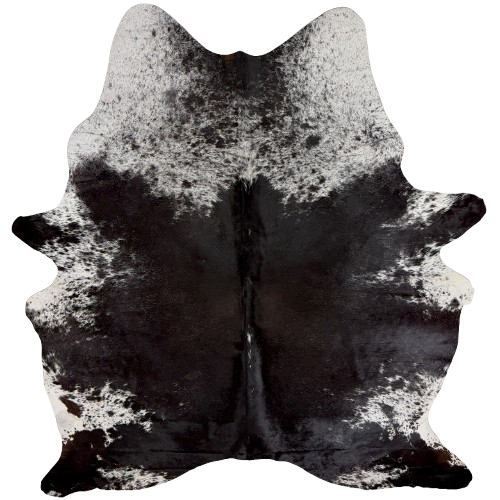 XL Black and White Speckled Brazilian Cowhide: mostly solid black on the back with hints of dark brown mixed in, a few white speckles on the spine, and white with black speckles and spots on the shoulder, belly, and shanks - 8'3" x 6'3"(BRSP3836)
