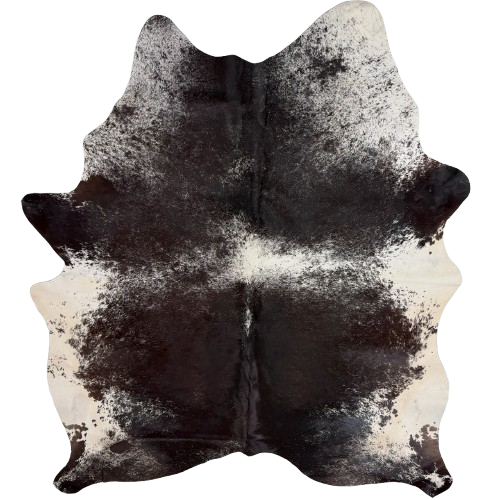 Dark Tricolor Speckled Brazilian Cowhide: has a mix of black and dark brown, white spots with black speckles, and off-white on the belly - 7'5" x 5'11"  (BRSP3837)