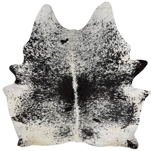 XXL Black and White Speckled Brazilian Cowhide: white with black speckles and spots, and off-white on the butt and hind shanks - 8'9" x 7'2" (BRSP3838)