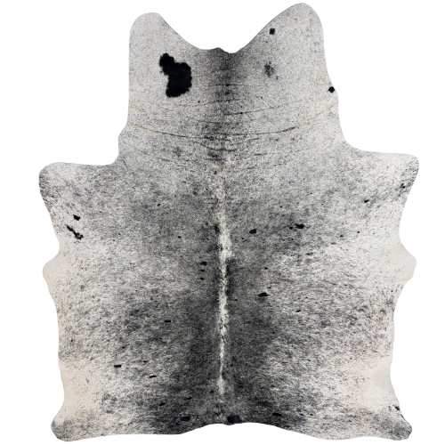 Black and White Speckled Brazilian Cowhide: white with black speckles and spots, and one brand mark on the left side of the butt - 7'5" x 5'6"  (BRSP3839)