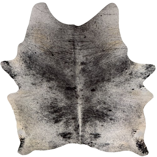 Large Black and White Speckled Brazilian Cowhide: white with black speckles and spots, off-white on the bally and butt, one brand mark on the left side of the butt, and two on the right side of the butt - 7'7" x 6'4" (BRSP3840)