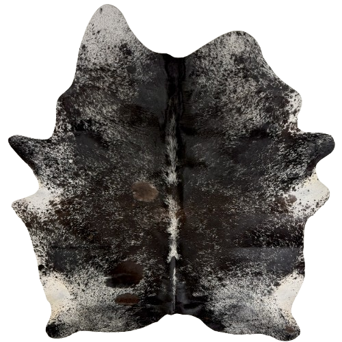 Black and White Speckled Brazilian Cowhide:  black with white speckles and spots, and a few brown spots - 7'3" x 5'11" (BRSP3844)
