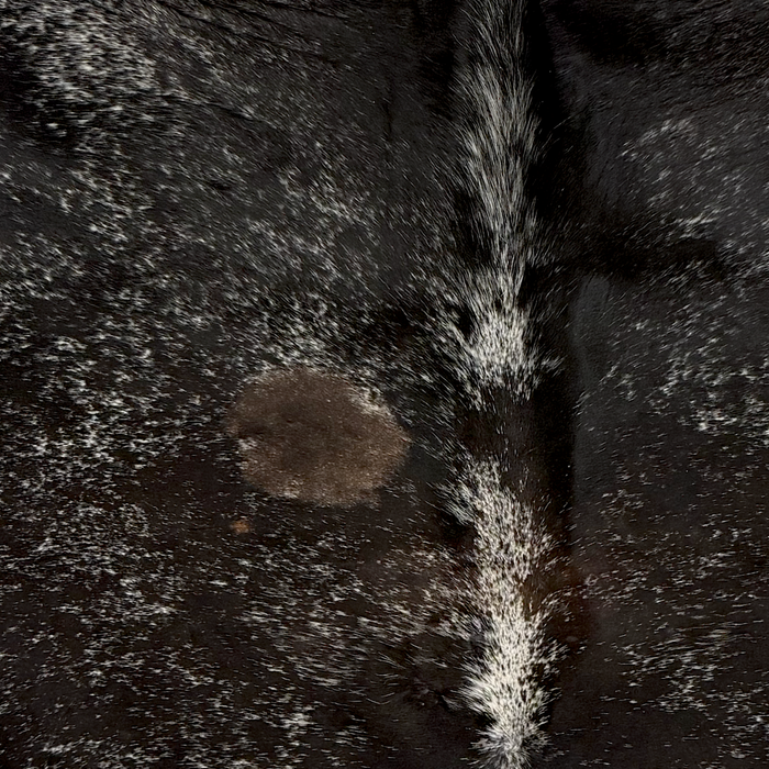 closeup of this Speckled Brazilian Cowhide, showing black with white speckles and spots, and a few brown spots (BRSP3844)