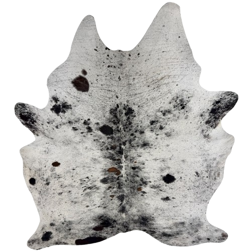Large Black and White Speckled Brazilian Cowhide: white with black speckles and spots, and a few small, brown spots - 7'6" x 5'7"  (BRSP3846)
