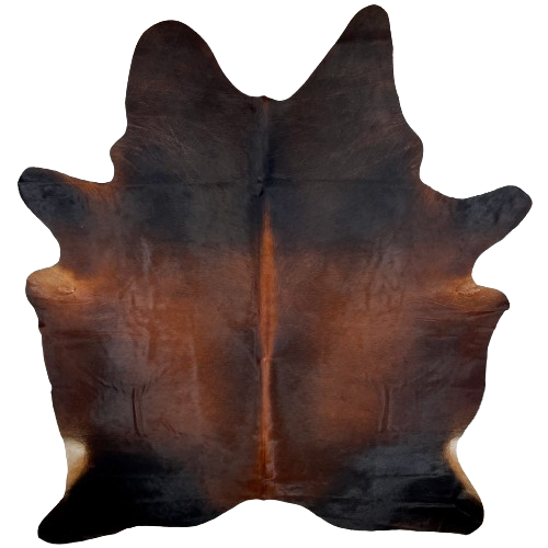 Large Red and Black Brazilian Watusi Cowhide, 1 brand mark:  has a mix of red brown and black, with red down the spine, and it has one brand mark on the right side of the butt - 7'7" x 6'1" (BRWA065)