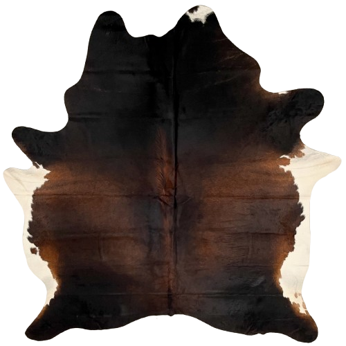 Reddish Brown and Black Brazilian Watusi Cowhide: has a mix of reddish brown and black, and white on the belly - 6'9" x 5'8' (BRWA085)