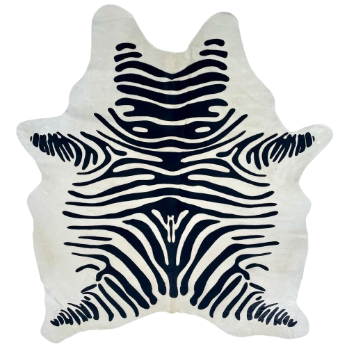 White and Black Brazilian Zebra Cowhide: white Brazilian cowhide with black, stenciled zebra print - 6'8" x 5'3" (BRZP049)