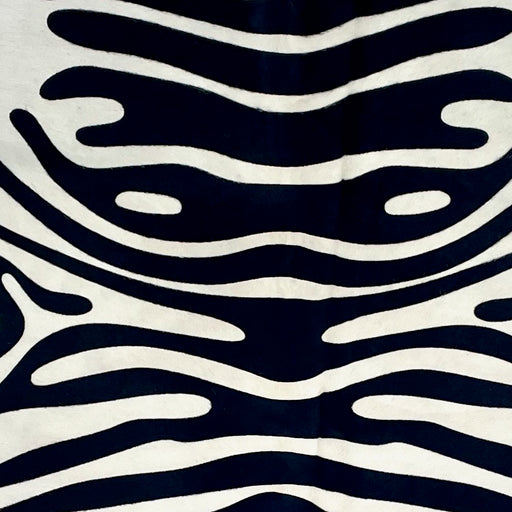 Closeup of this Brazilian Zebra Cowhide, showing white with black, stenciled zebra print (BRZP049)