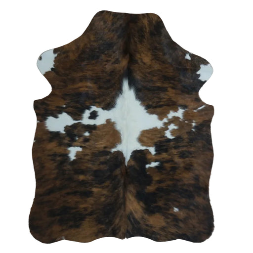 Tricolor cowhide rug, 4' x 3', shown on white background (SS-TRI-022)
