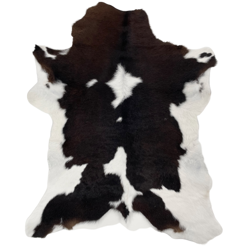 Brownish Black and White Calfskin:  brownish black with two large and two small white spots, and white on the belly - 3'9" x 3'1" (CALF609)