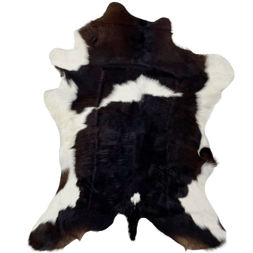 Brownish Black and White Calfskin:  black with hints of brown, and a white spot across the middle, and small one on the butt, and white on the belly - 3'8" x 3' (CALF612)