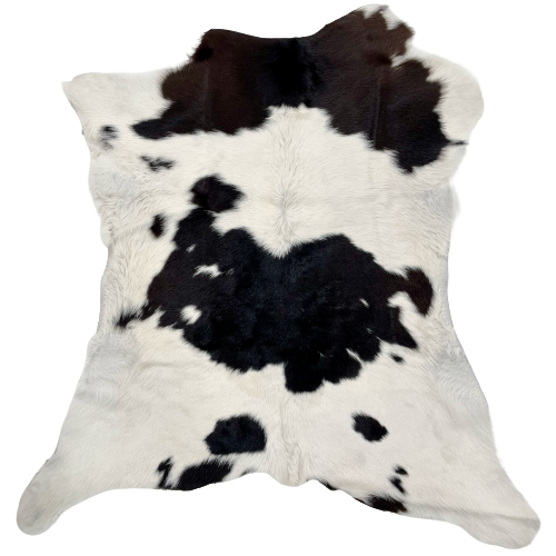 White and Black Calfskin:  white with black spots on the back and butt, and brownish black on the shoulder - 3'2" x 2'7" (CALF653)