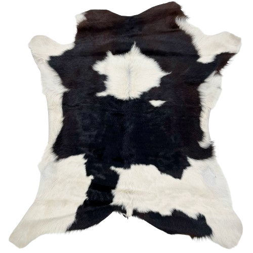Black and White Calfskin:  black, with a large, white spot in the middle of the shoulder, a white strip across the right side of the lower part of the back, and white on the belly and shanks - 2'10" x 2'8" (CALF685)