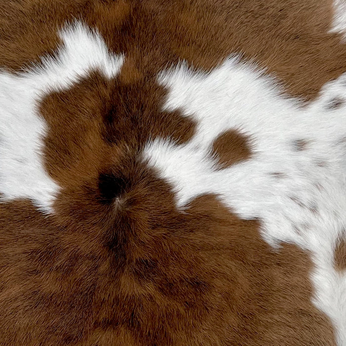 Closeup of this Calfskin, showing white with a few brown speckles, and large and small, brown spots (CALF749)