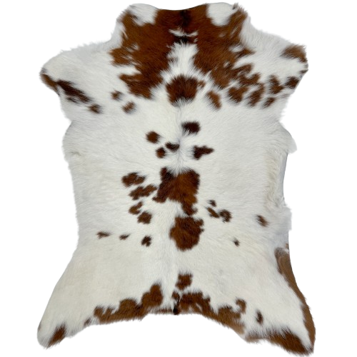 White and Reddish Brown Calfskin: white and off-white with dark reddish brown spots - 3'3" x 2'7" (CALF788)