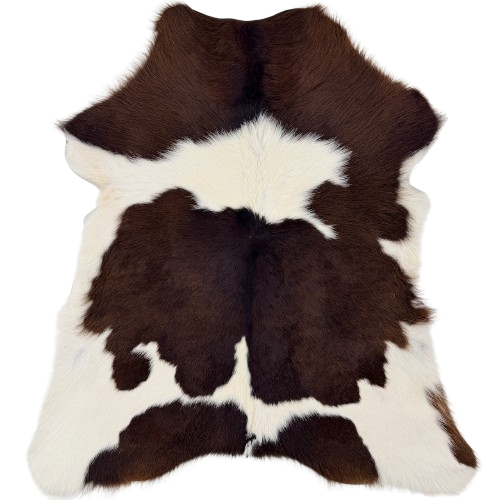 Dark Brown and White Calfskin: has long hair that is white with large, dark brown spots, and off-white on the belly - 3'3" x 2'8" (CALF901)