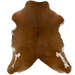 Reddish Brown and White Calfskin:   mostly solid reddish brown with white spots on the belly and hind shanks - 3'3" x 2'5" (CALF917)