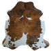 Tricolor cowhide rug, 7' x 6'8", shown on white background (CH-007)