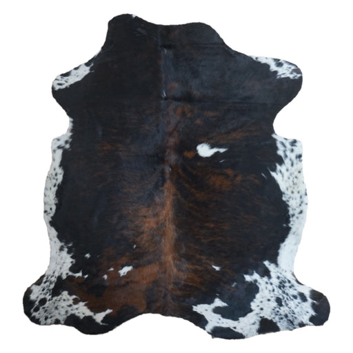 Tricolor cowhide rug, 7'1" x 6'9", shown on white background (CH-001)