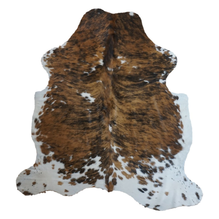Tricolor cowhide rug, 7'1" x 6'6", shown on white background (CH-005)