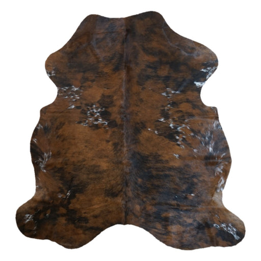 Tricolor cowhide rug, 6'6" x 6'2", shown on white background (CH-006)