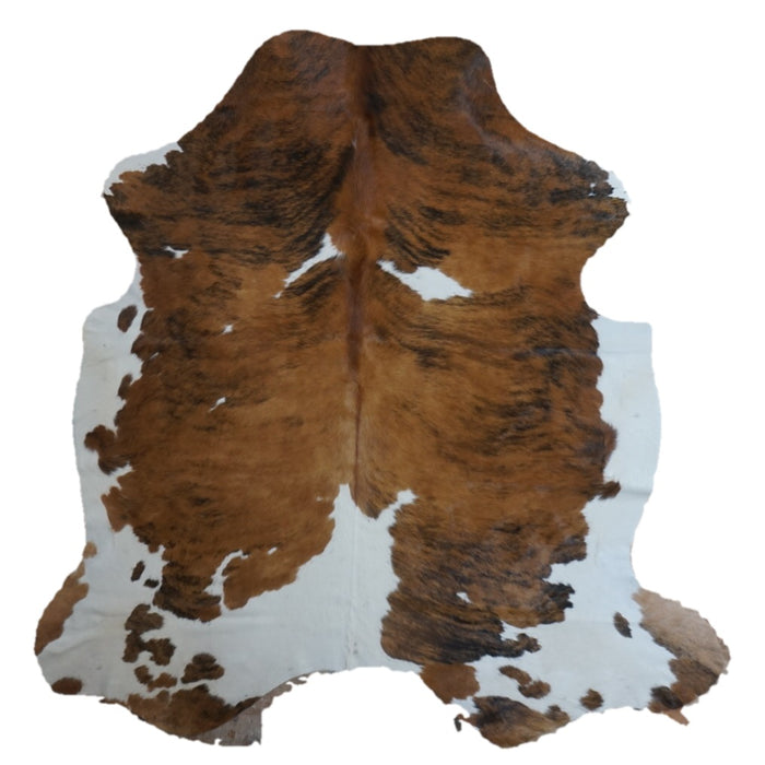 Tricolor cowhide rug, 7' x 6'8", shown on white background (CH-007)