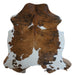 Tricolor cowhide rug, 7' x 6'8", shown on white background (CH-007)