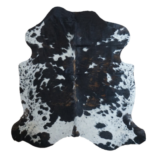Tricolor cowhide rug, 6'6" x 6'2", shown on white background (CH-008)