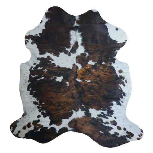 Tricolor cowhide rug, 6'9" x 6'5", shown on white background (CH-009)