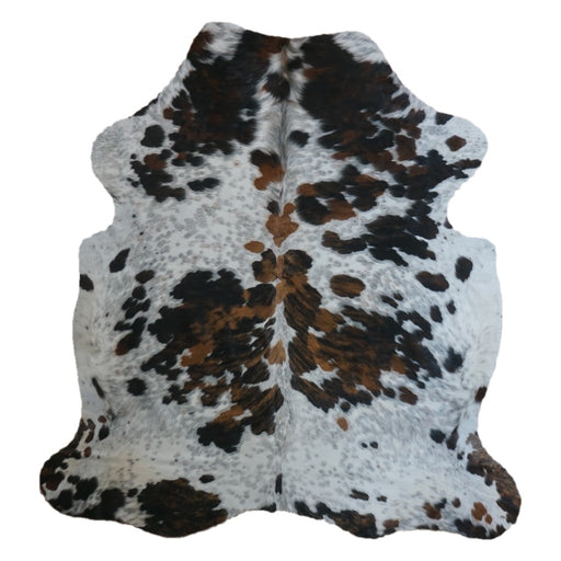 Tricolor cowhide rug, 7'1" x 6'6", shown on white background (CH-010)