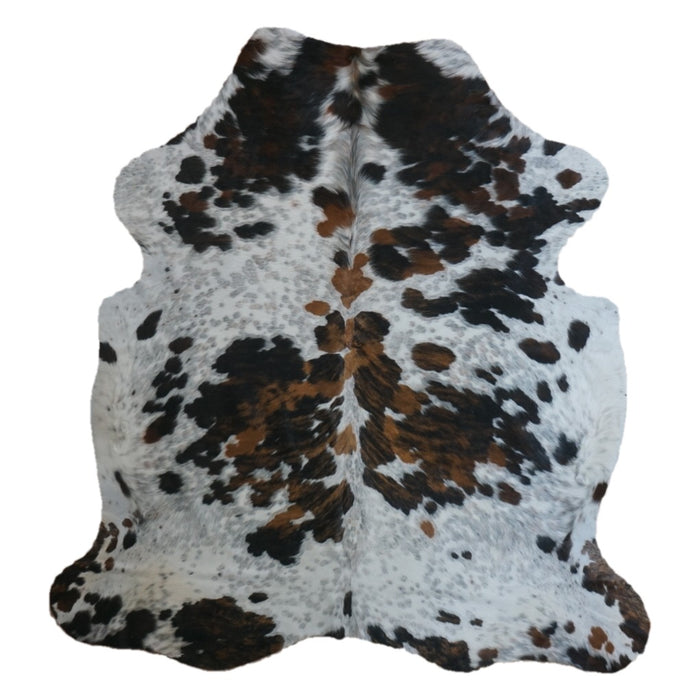 Tricolor cowhide rug, 7'1" x 6'6", shown on white background (CH-010)