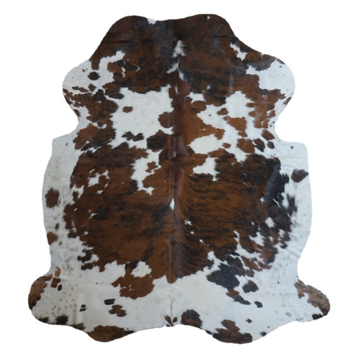 Tricolor cowhide rug, 7' x 6'4", shown on white background (CH-011)
