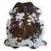 Tricolor cowhide rug, 7' x 6'4", shown on white background (CH-011)