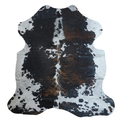 Tricolor cowhide rug, 6'10" x 6'6", shown on white background (CH-012)