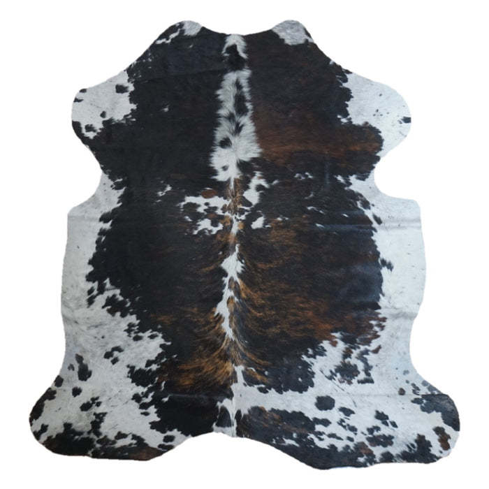 Tricolor cowhide rug, 6'10" x 6'6", shown on white background (CH-012)