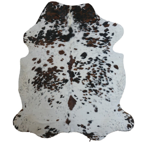 Tricolor cowhide rug, 7'6" x 6'2", shown on white background (CH-013)