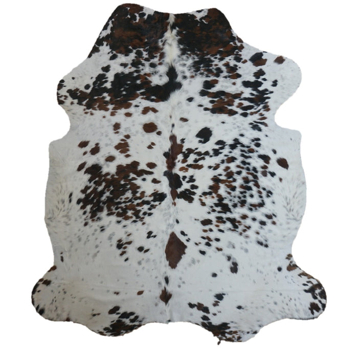 Tricolor cowhide rug, 7'6" x 6'2", shown on white background (CH-013)
