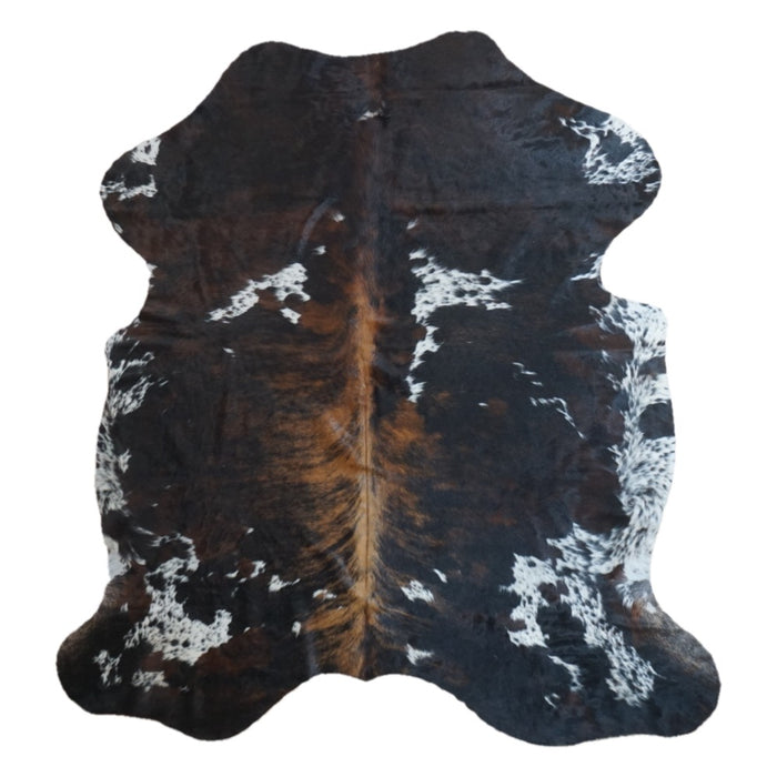 Tricolor cowhide rug, 6'9" x 6'4", shown on white background (CH-014)